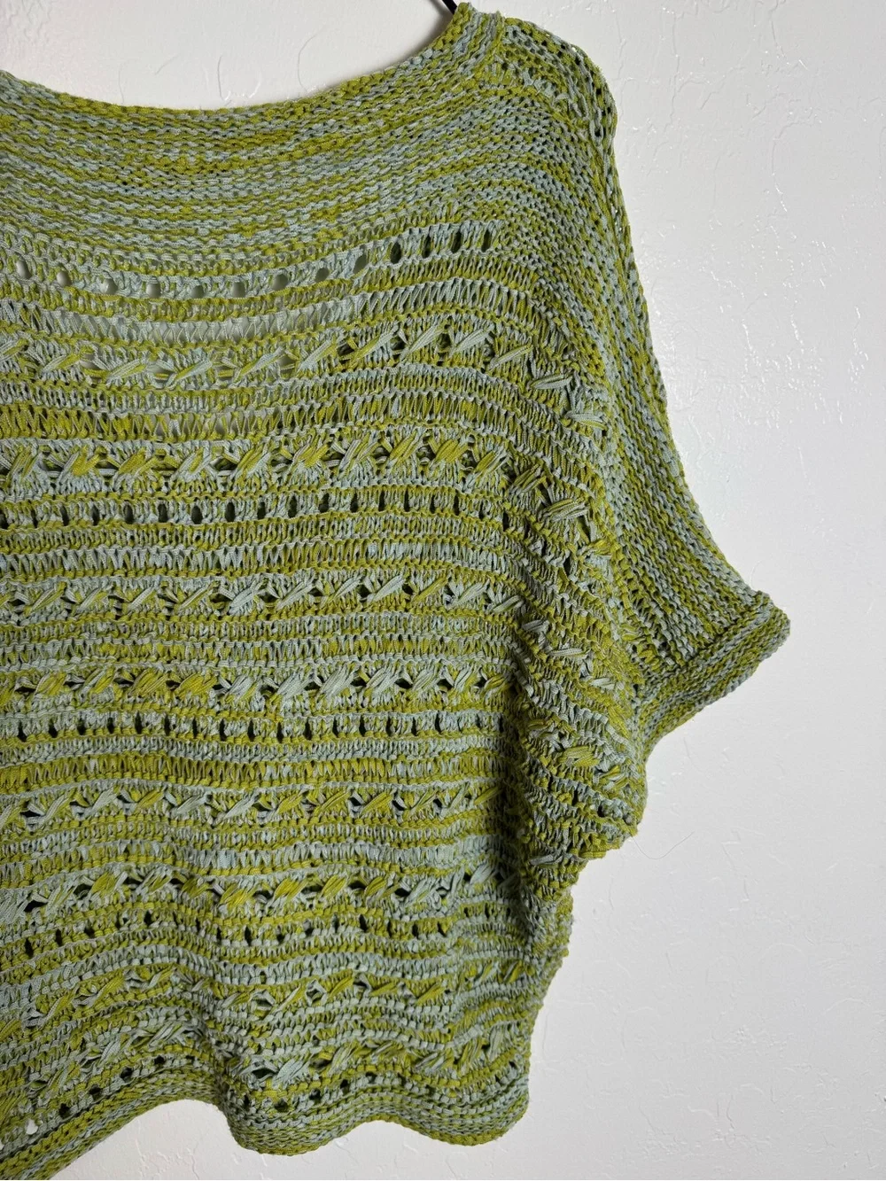 Vertigo Paris Open Knit V-Neck Sweater Lime Green Space Dye Crochet Short Sleeve